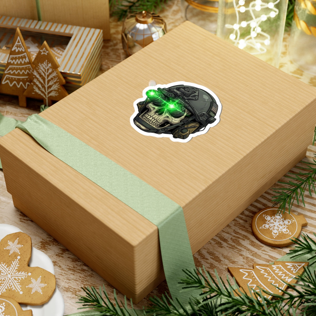 Night Vision Skull Sticker — Tactical Skull Helmet Kiss-Cut Decal