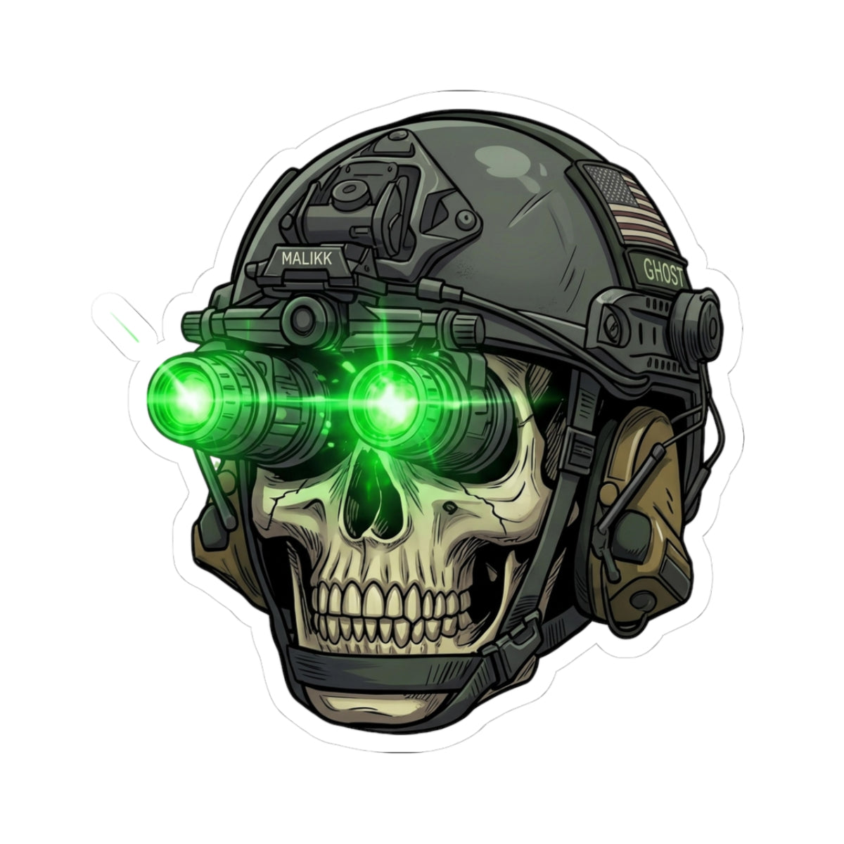 Night Vision Skull Sticker — Tactical Skull Helmet Kiss-Cut Decal